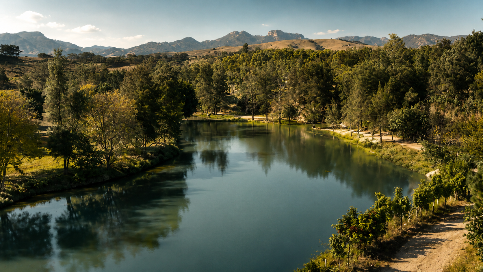Paisaje real de uno de los lagos de Monte Lago, en calma, con vegetación y montañas al fondo.