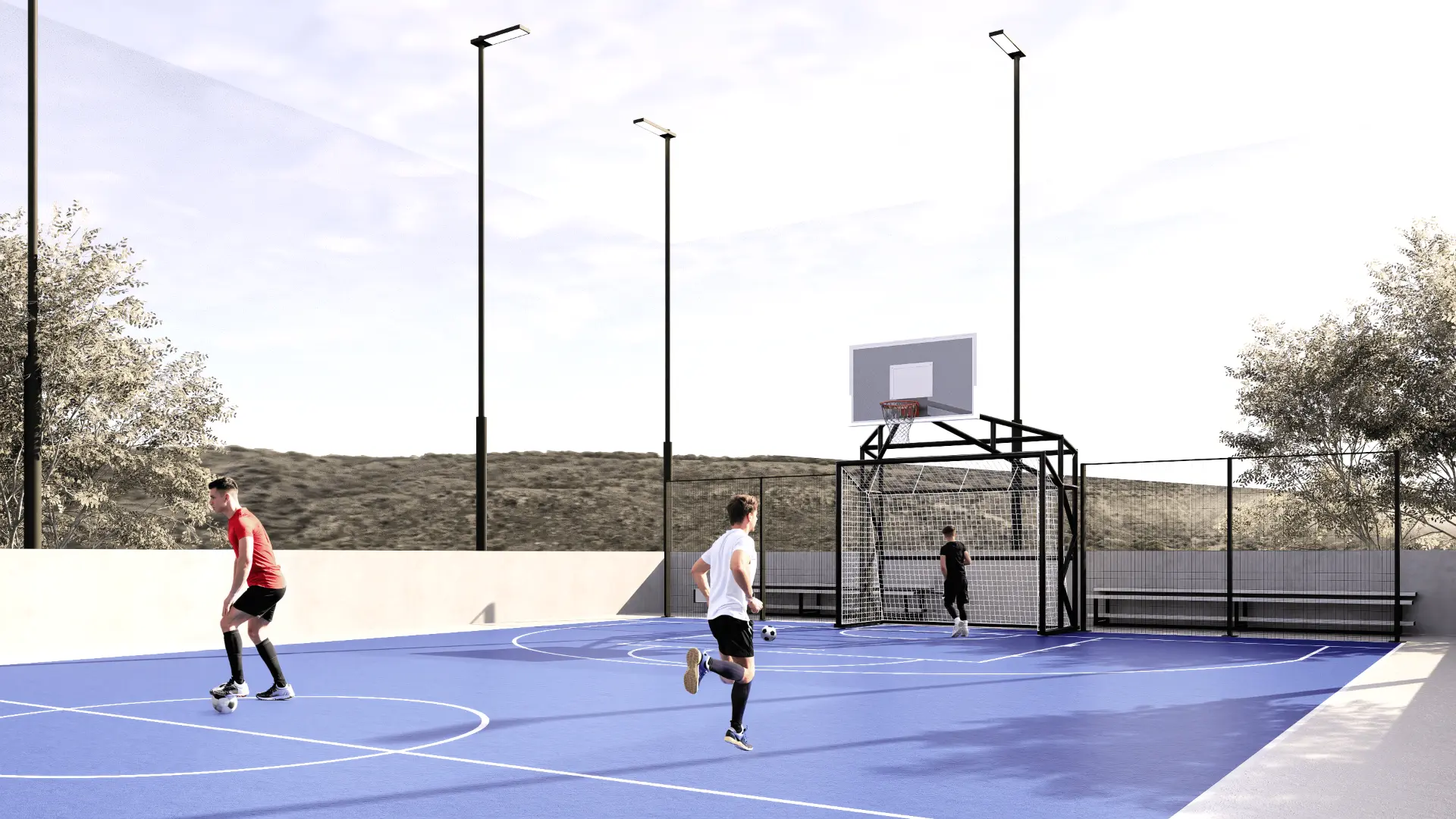 Render del área deportiva multiusos de Monte Lago con jugadores de fútbol.