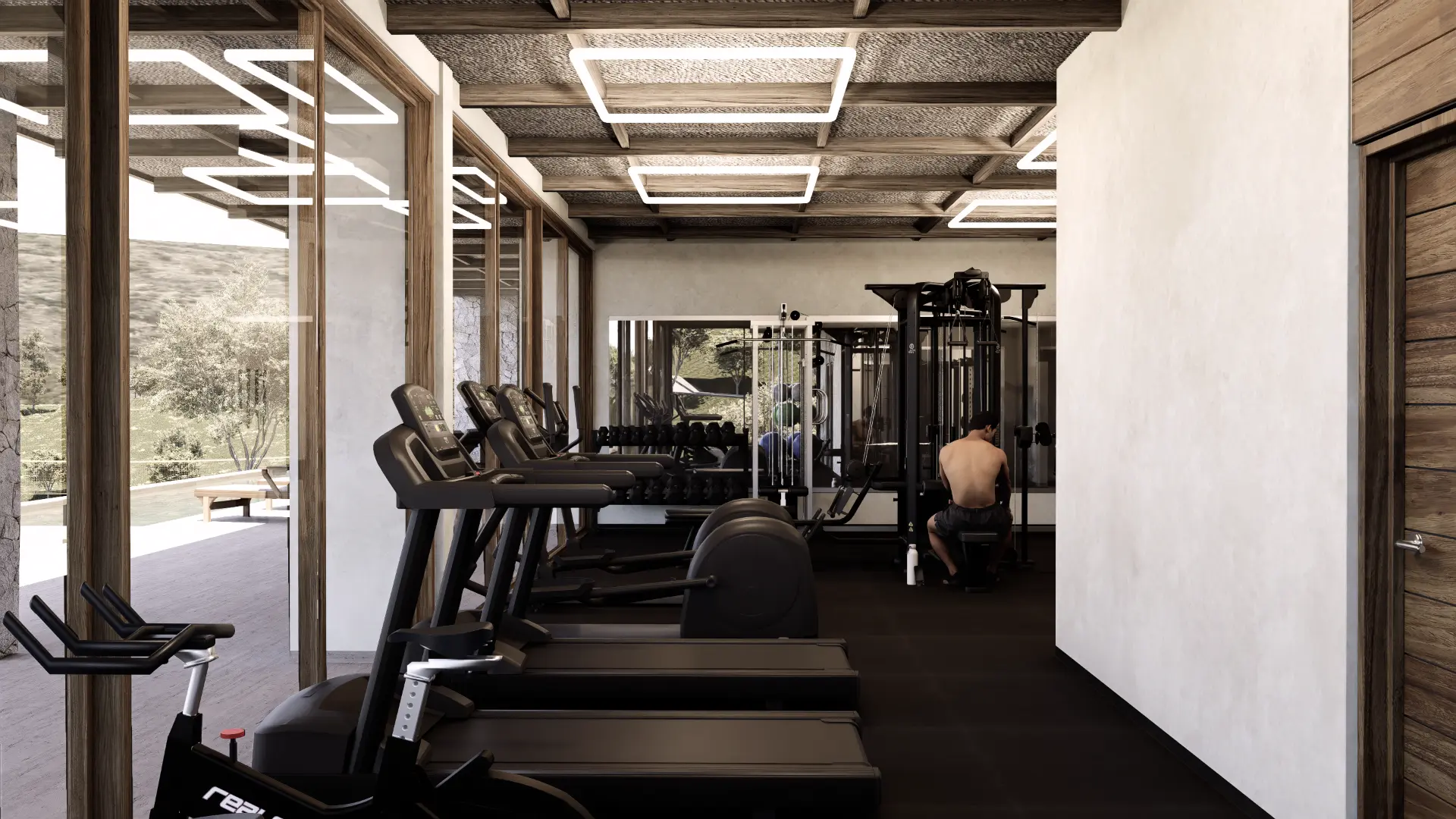 Render del gimnasio de Monte Lago con equipo de ejercicio y vista al exterior.
