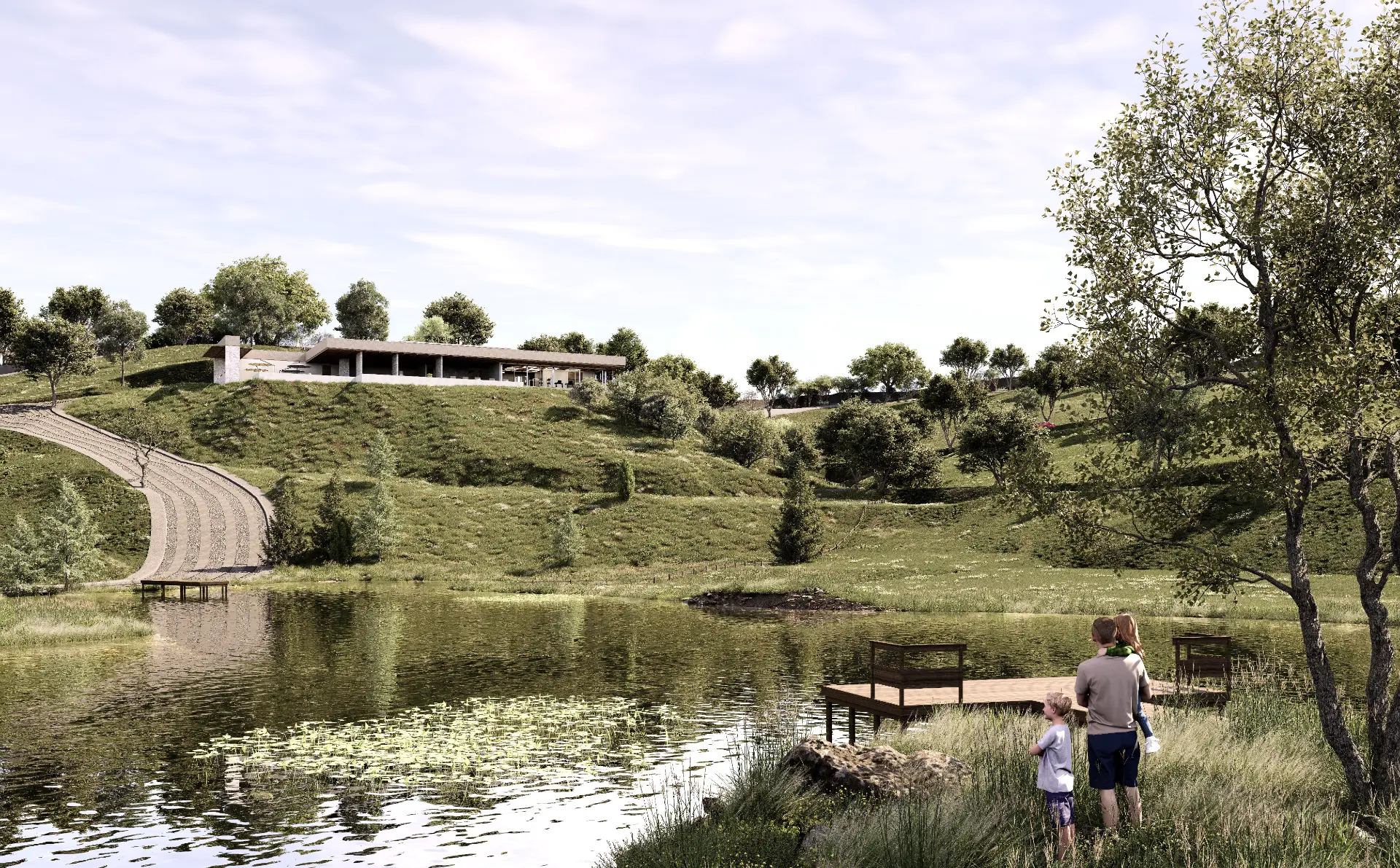 Render de una familia junto al lago, con muelles y arquitectura integrada al paisaje de Monte Lago.