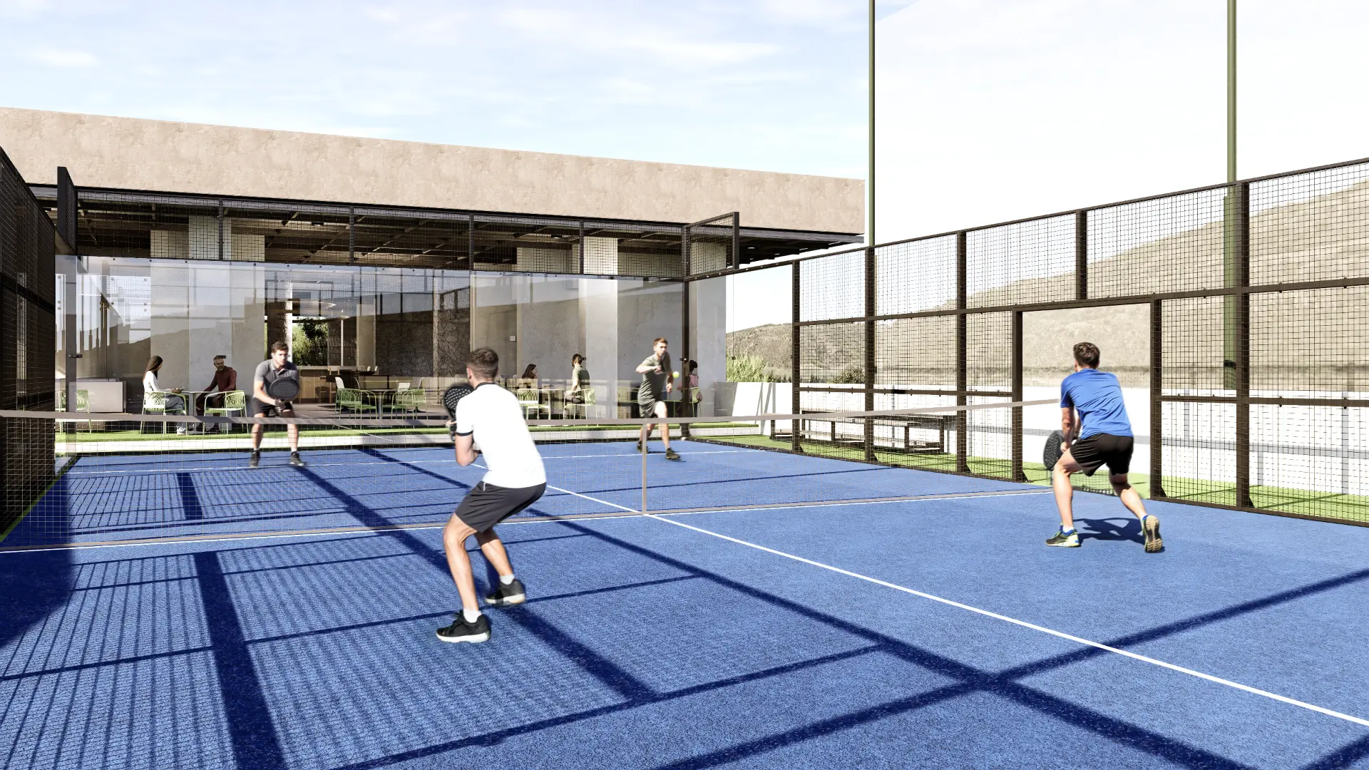 Render de la cancha de pádel de Monte Lago junto a la arquitectura de amenidades.