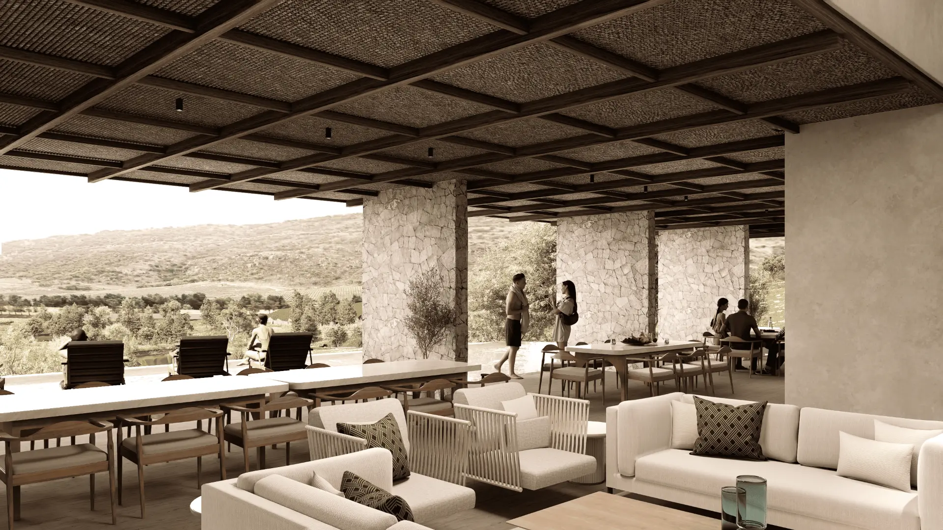 Render de la Casa Club de Monte Lago: terraza cubierta, comedor y sala con vista al paisaje.