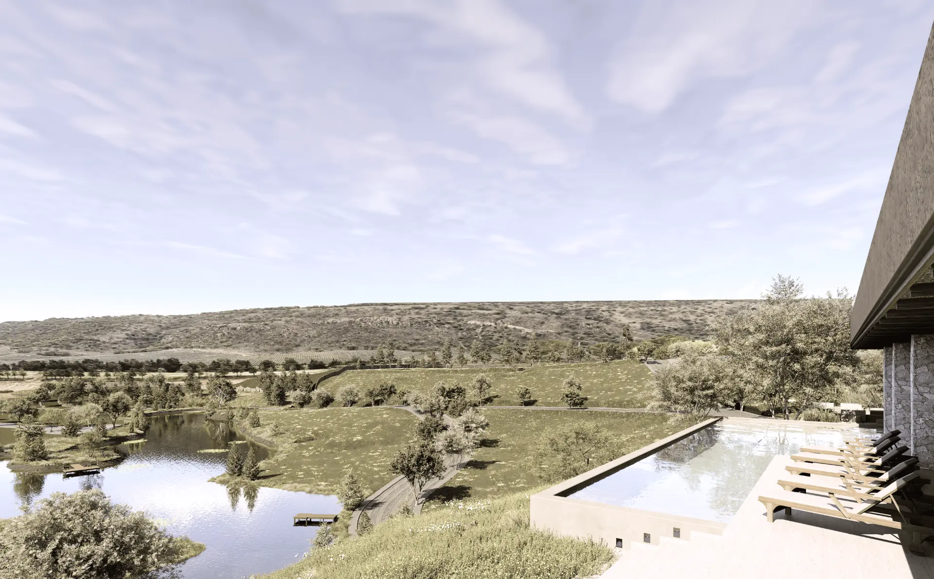 Render de la alberca de Monte Lago con vista a uno de los lagos y al paisaje.