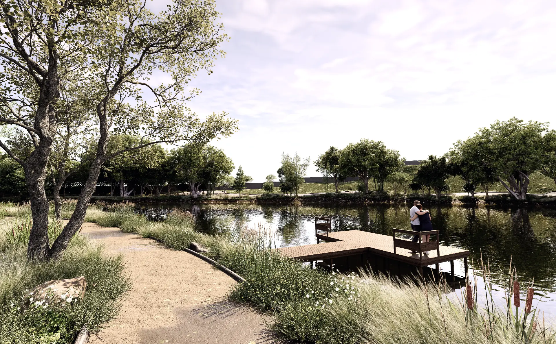 Render del muelle junto a uno de los lagos de Monte Lago, con sendero y vegetación.