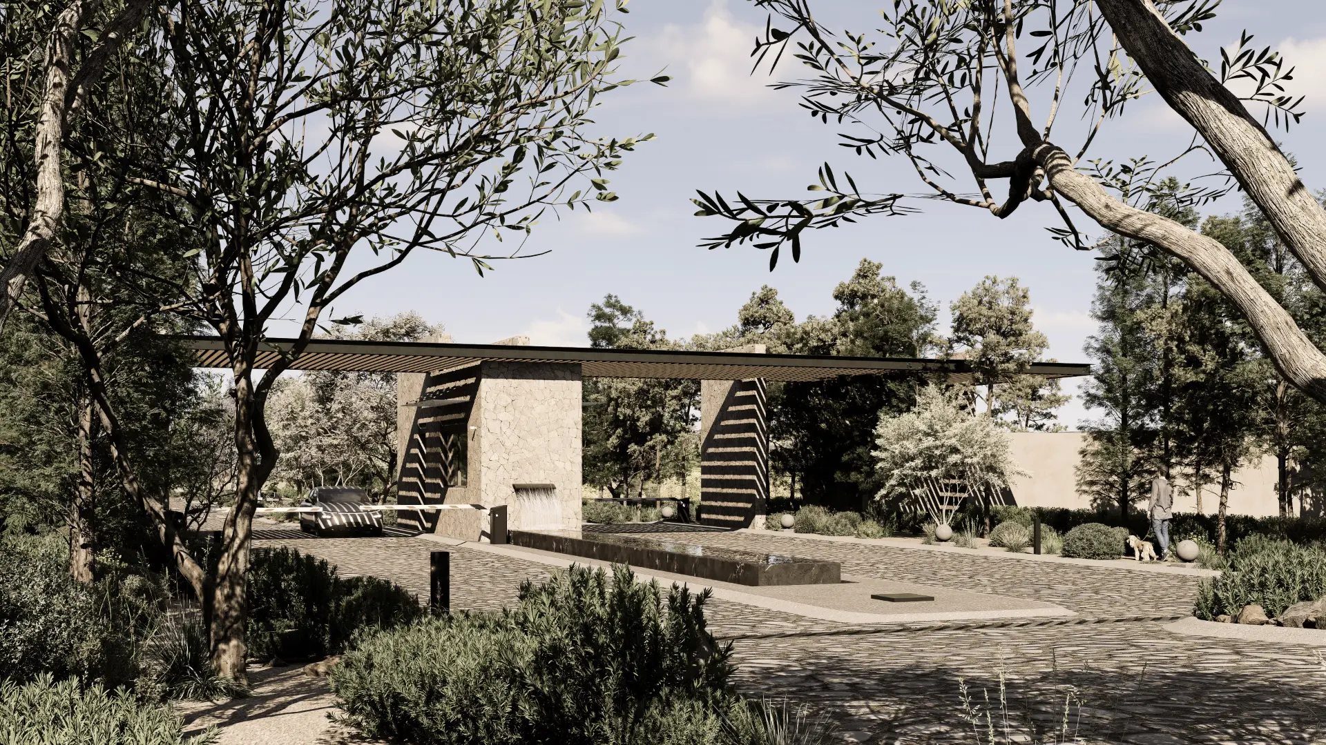 Render del acceso principal controlado de Monte Lago integrado al paisaje.