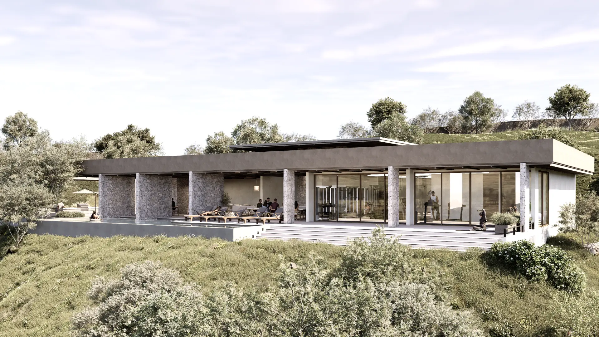 Render de la fachada posterior de la Casa Club de Monte Lago, con columnas de piedra y terraza.
