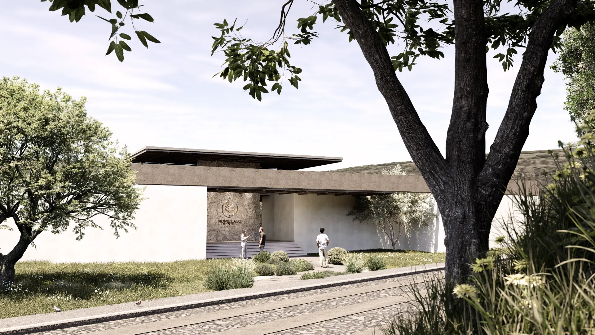 Render del acceso exterior de la Casa Club de Monte Lago integrado al paisaje.