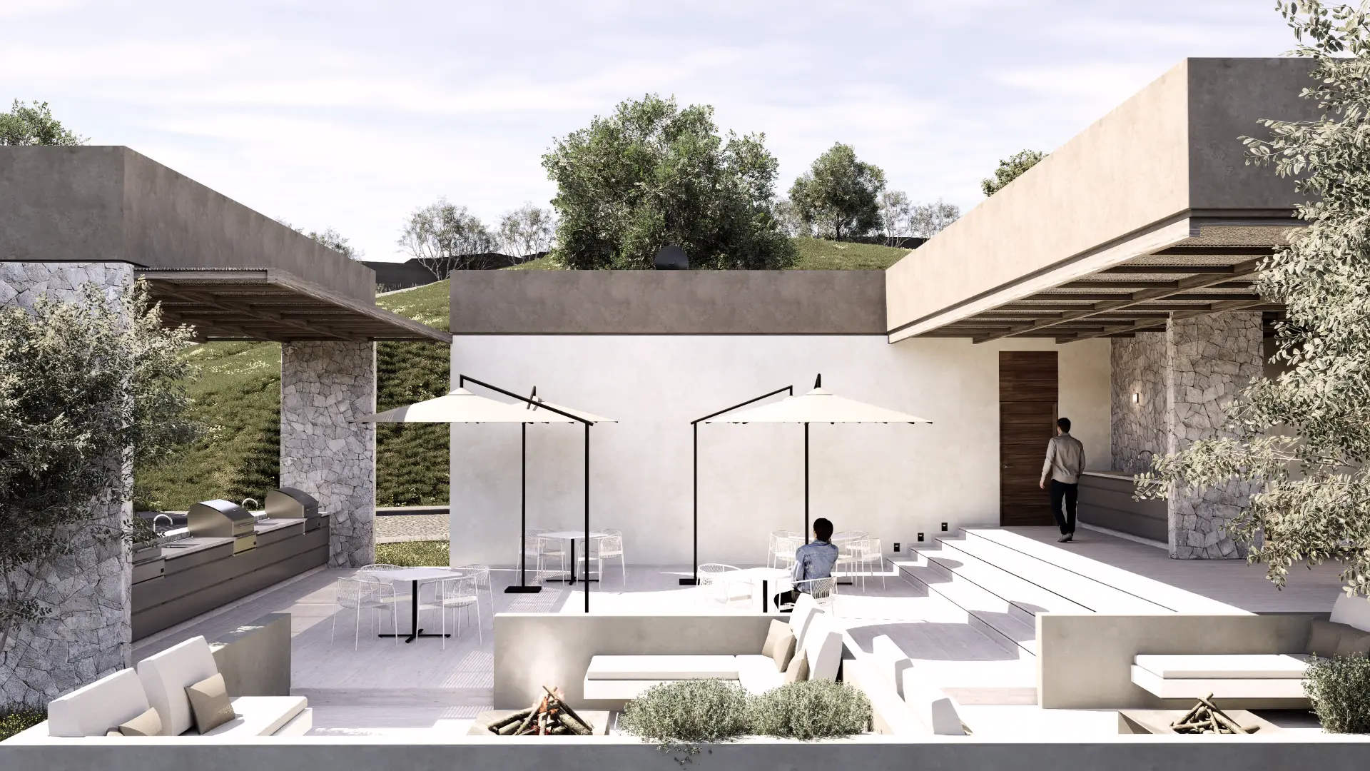 Render del área exterior de asadores, mesas y fire pits de Monte Lago.