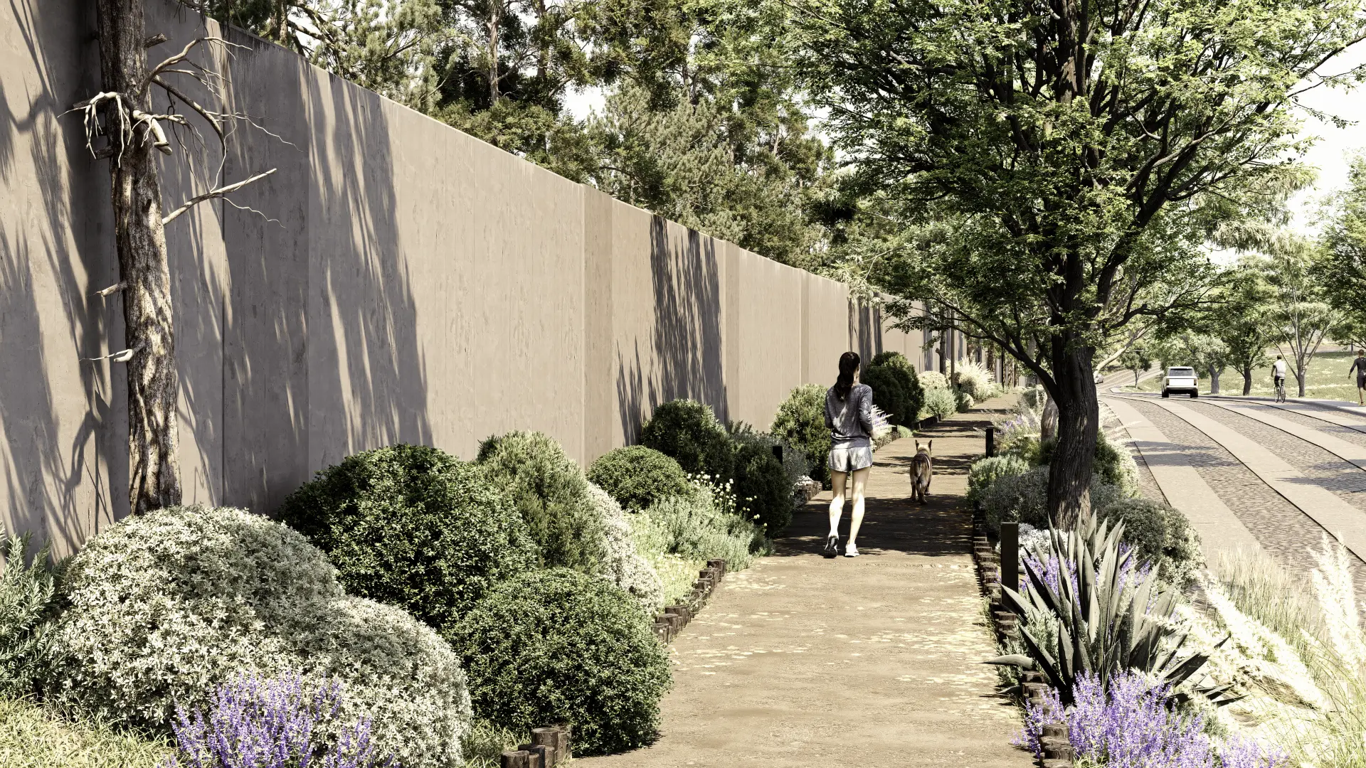 Render de un andador peatonal de Monte Lago integrado al paisaje.