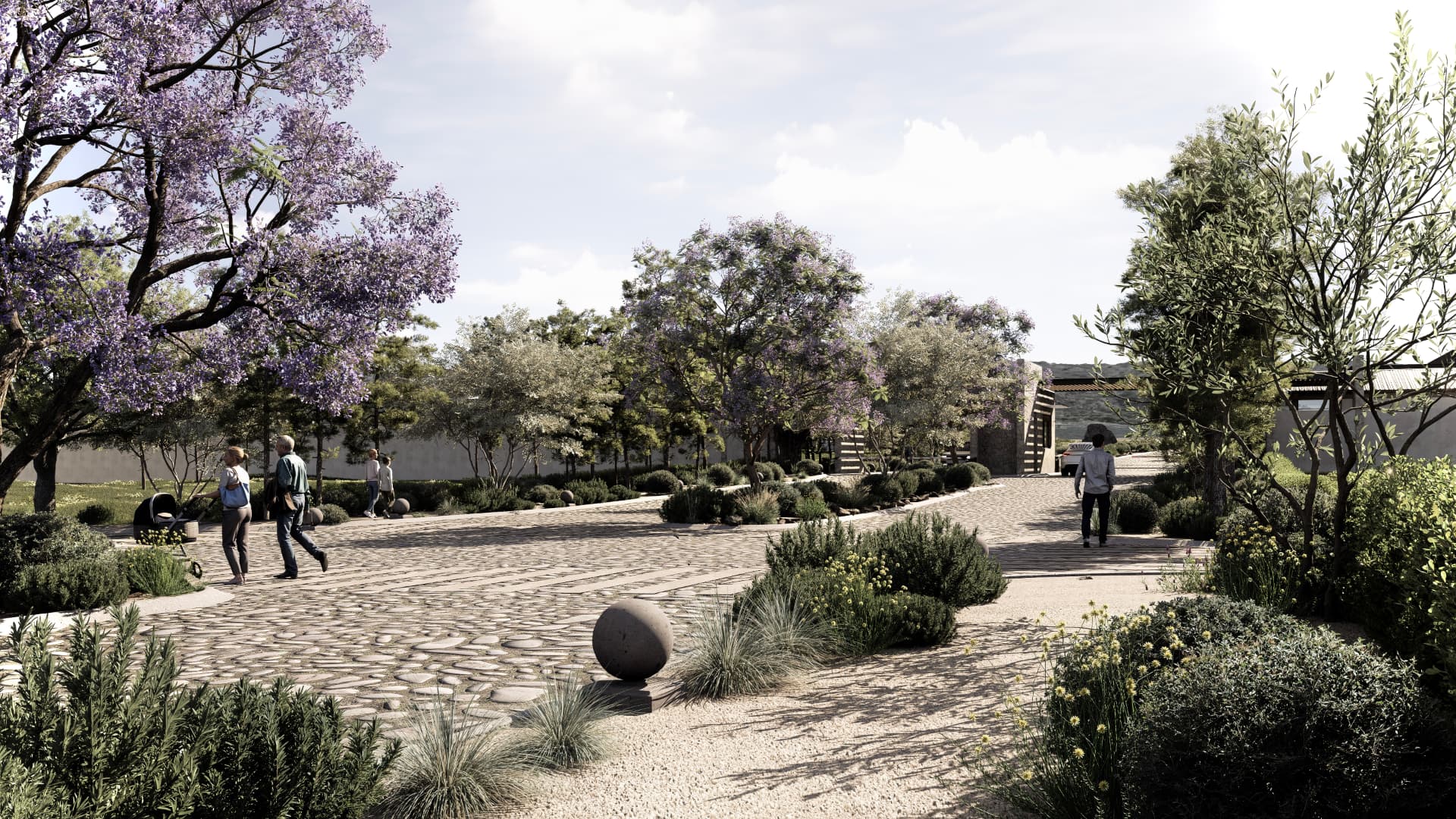 Render de una vialidad interior de Monte Lago entre vegetación madura y recorridos peatonales.