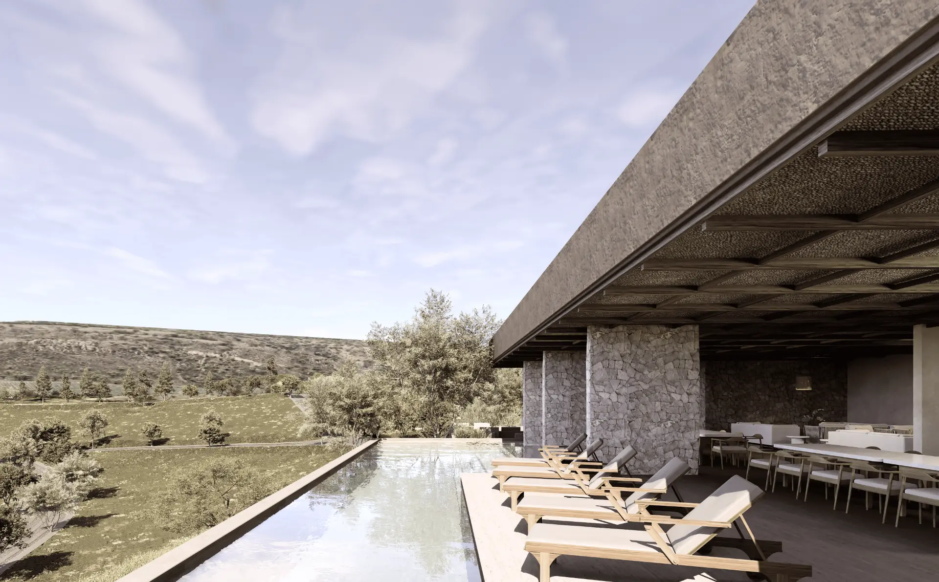 Render de la terraza exterior de la Casa Club de Monte Lago junto a la alberca.