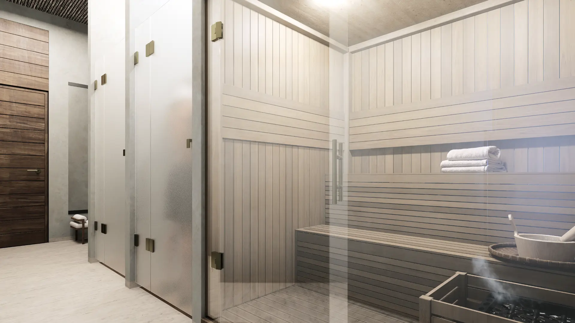 Render del sauna de Monte Lago, con bancas de madera, cerramiento de cristal y vestidores.