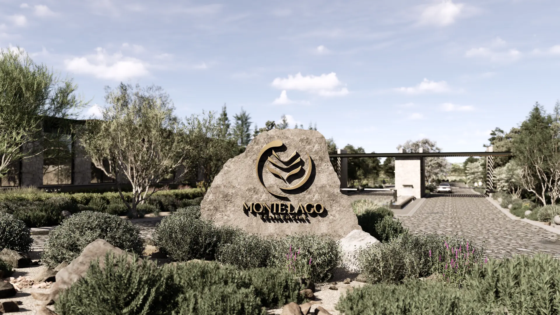Render de la llegada a Monte Lago, con el monumento de identidad y el acceso controlado.
