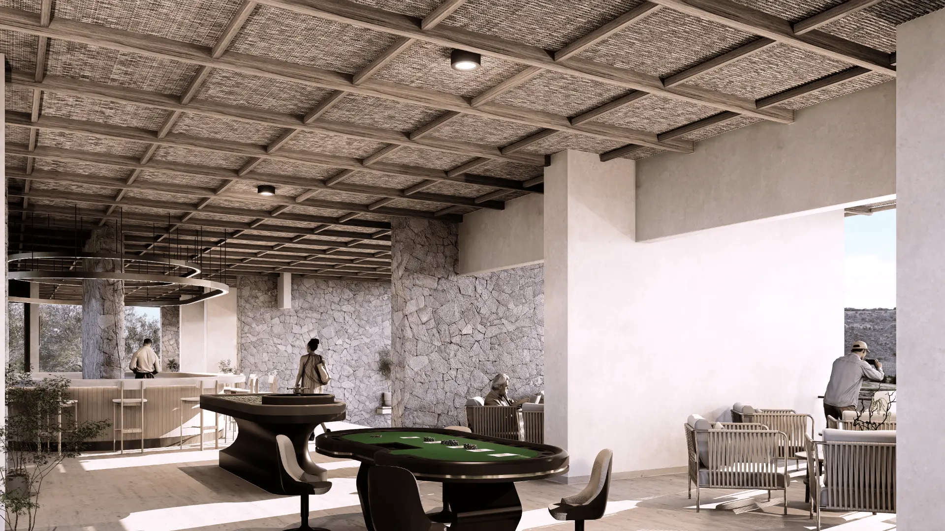 Render del salón de juegos de la Casa Club de Monte Lago, con mesas, bar y áreas de descanso.