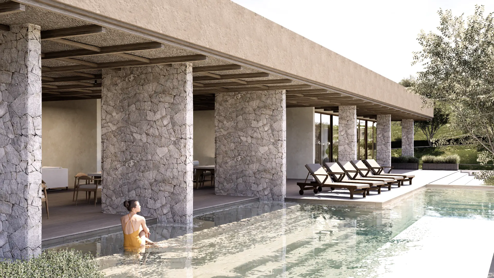 Render de la alberca, columnas de piedra y terraza exterior de la Casa Club de Monte Lago.