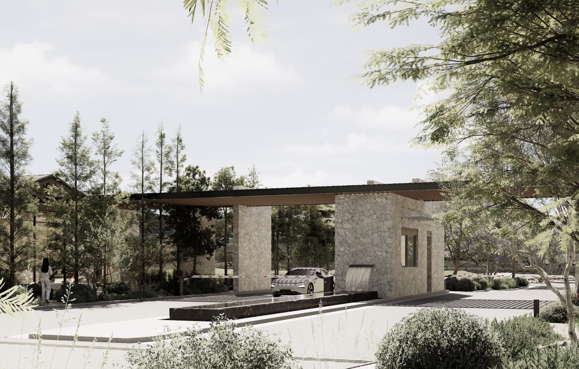 Render de la vista frontal del acceso controlado de Monte Lago.
